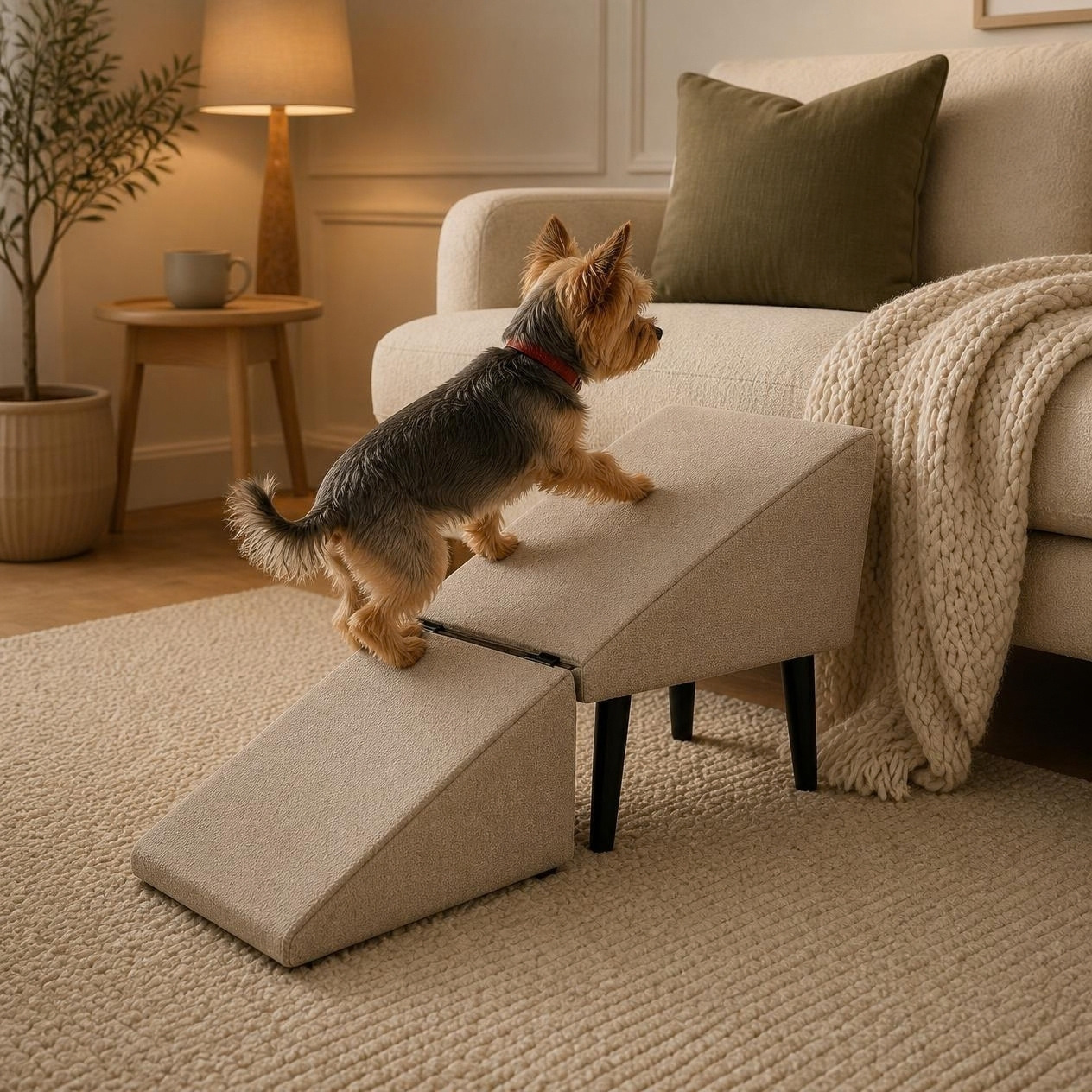 Step three: a small terrier walking up the unfolded WagStep ramp to the sofa