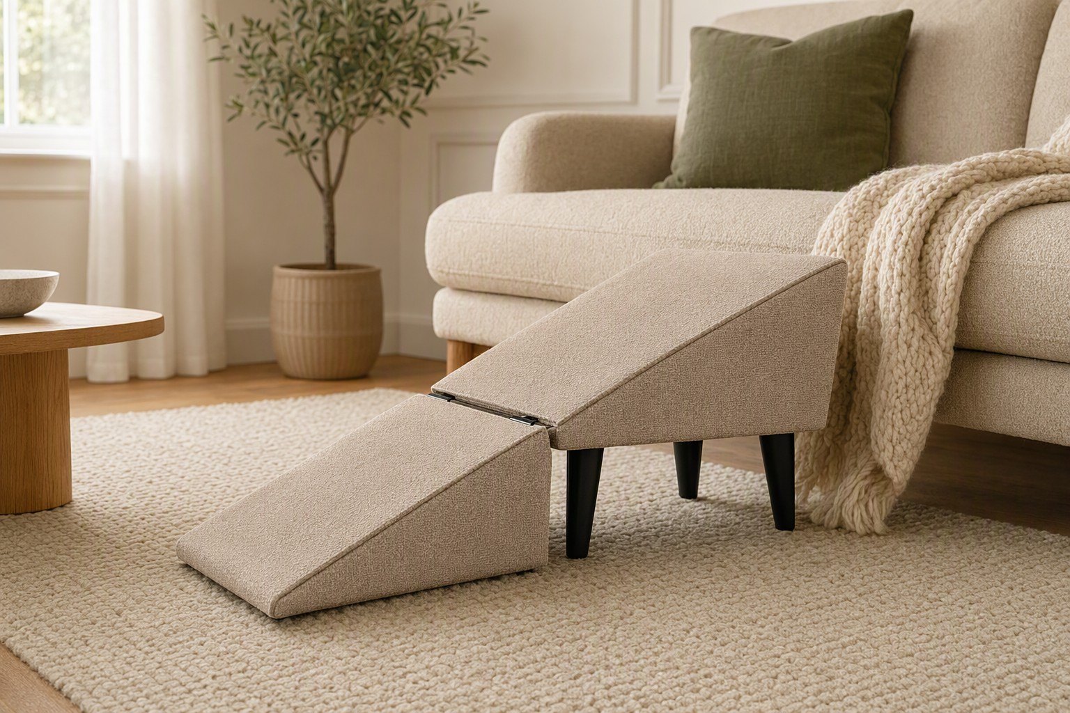 WagStep unfolded into a gentle two-part ramp leaning against a sofa